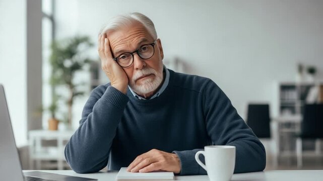Tired senior man with glasses working on laptop at office desk feeling stressed and overwhelmed by workload