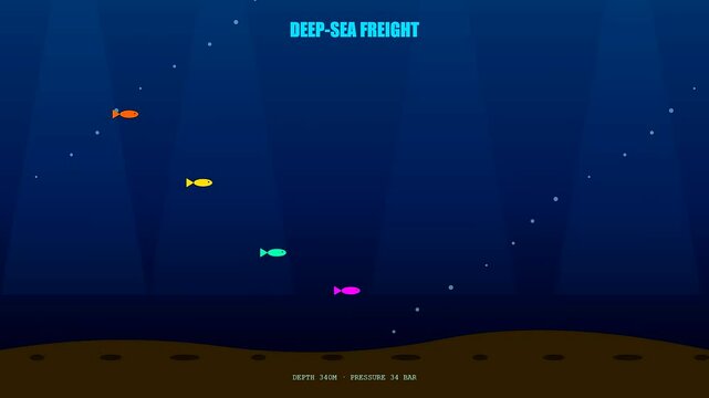 A yellow submarine navigating a global logistics route moves through a deep blue cartoon ocean filled with colorful tropical fish and rising bubbles.