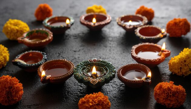 Festive clay lamps with flowers.