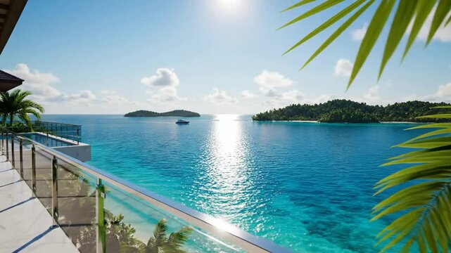 Luxury tropical villa balcony overlooking crystal clear ocean and private island resort