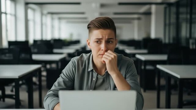 Stressed young adult working on laptop in empty modern office feeling anxious and overwhelmed by deadline