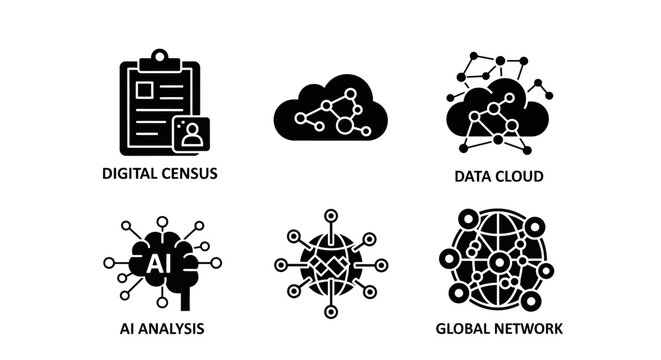 Digital Census Data Cloud AI Analysis Global Network Icons.
