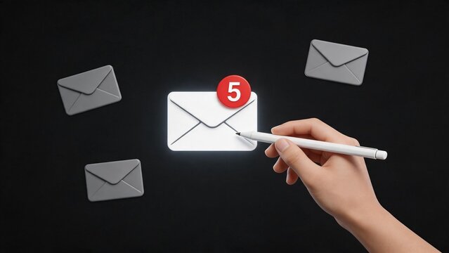 Hand holding pen near email icons