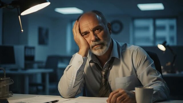 Tired middle aged businessman working late at night in office feeling stressed and exhausted with burnout