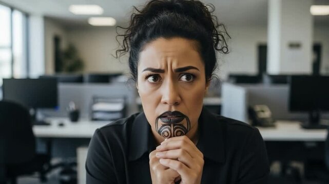 Māori woman with traditional moko kauae chin tattoo praying in a modern office workplace for cultural diversity concept