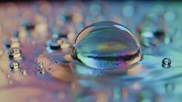 Macro image of multicolored water droplets on a reflective surface with bokeh-filled background