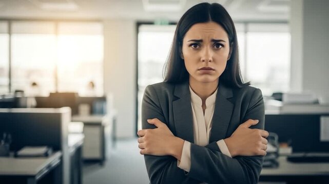 Stressed young businesswoman feeling anxious and cold in modern office, professional burnout and workplace mental health concept