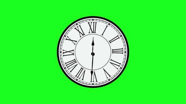 Black framed vintage Roman numeral clock with fast-spinning hands isolated on a chroma key green screen
