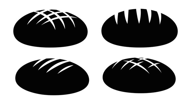 Four Loaves of Bread Silhouettes Isolated on White Background.