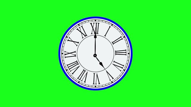Blue framed Roman numeral clock with spinning fast-forward hands animation on a chroma key green screen