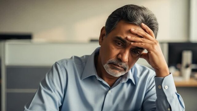 Stressed middle aged South Asian businessman suffering from burnout at office desk, mental health concept