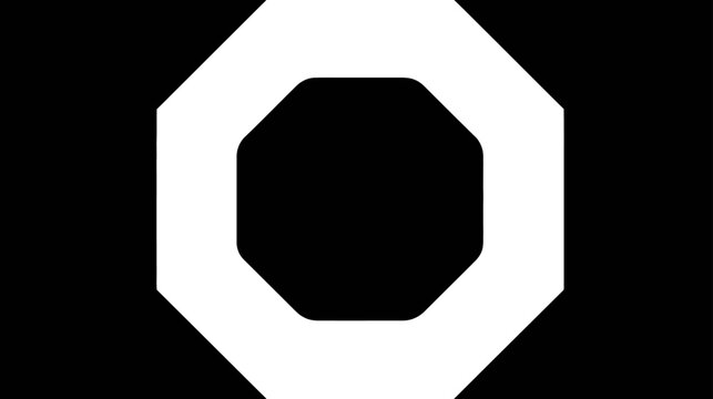 Minimalist white octagonal shape with black center on a dark background, abstract geometric design element, modern graphic