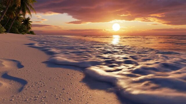 Tropical beach sunset with gentle ocean waves rolling onto white sand shoreline