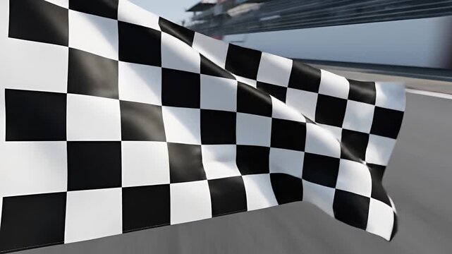 Checkered Flag Waving at Finish Line of Race Track.