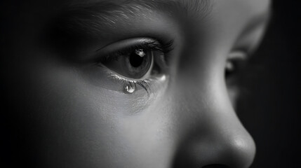 Fototapeta premium Close-up of a child's eye with a single tear, showcasing deep emotion and vulnerability in stark black and white photography, isolated on dark background