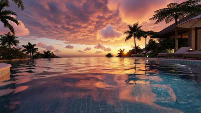 Luxury infinity pool at tropical resort during golden hour sunset with palm trees and ocean view luxury resort