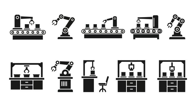 Industrial Robotic Arms and Assembly Lines Set.