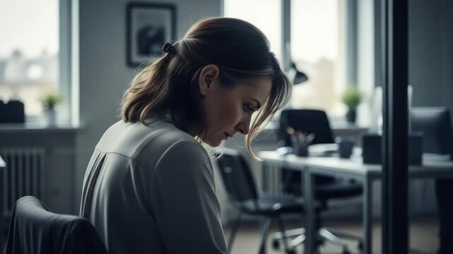 Stressed Caucasian Businesswoman Sitting at Office Desk Feeling Overwhelmed and Exhausted at Work