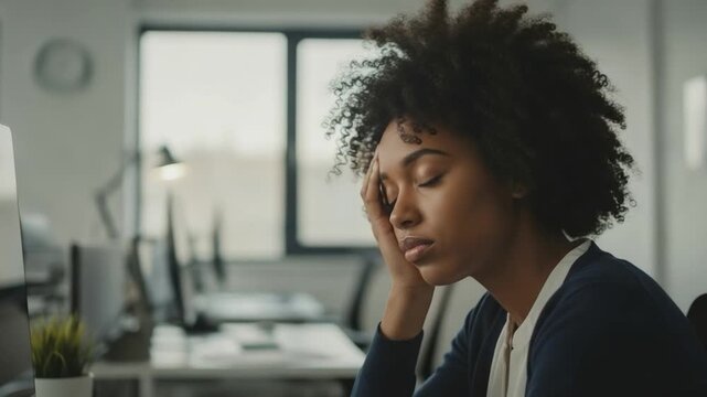 Stressed young Black woman feeling overwhelmed and tired at office desk, burnout and mental health concept