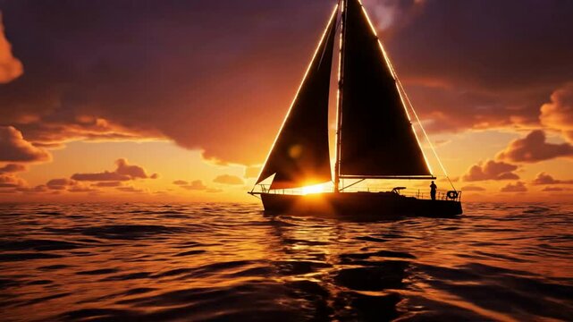 Sailboat sailing on calm ocean at golden hour sunset, serene nautical travel background, yacht