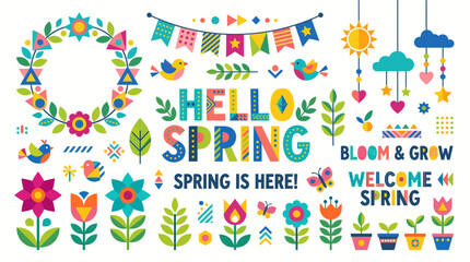 Obraz premium Spring elements collection with flowers, birds, and decorative text