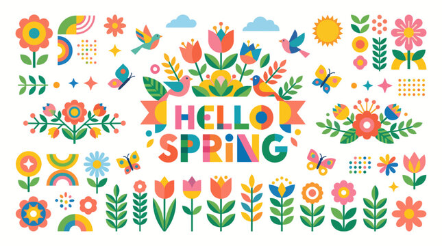 Spring floral elements collection with flowers, birds, butterflies and sun
