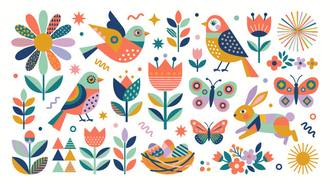 Spring easter vector illustration set with birds, flowers, and bunny