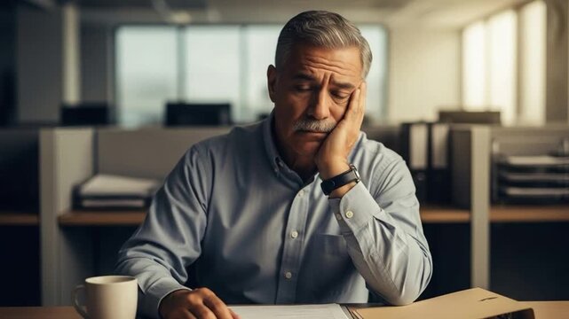 Stressed mature businessman sitting at office desk feeling exhausted and overwhelmed by heavy workload