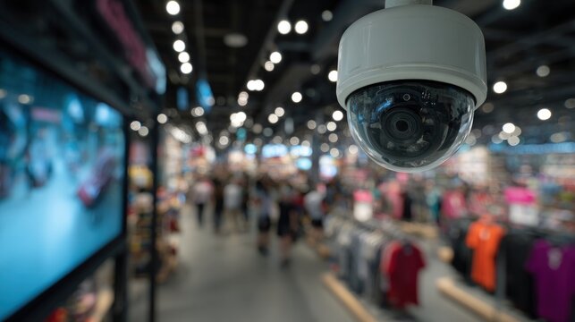 Close-up of a white dome security camera installed on a store ceiling for surveillance.