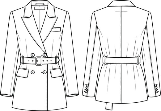 Women's Double Breasted Belted Blazer Fashion Technical Sketch Flat Illustration Template for Apparel Design Mockup CAD Drawing with Notched Lapel and Flap Pockets