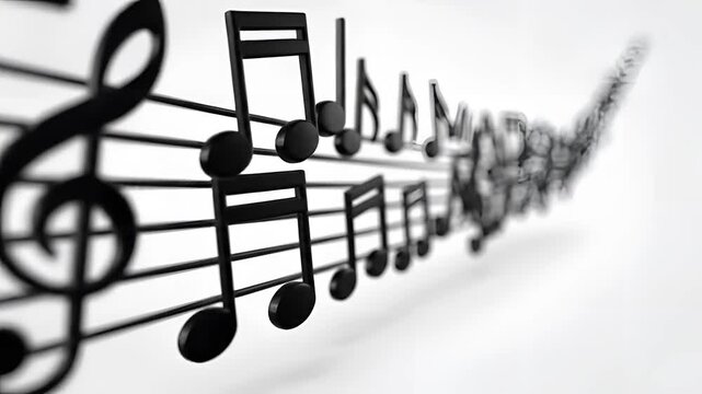 Closeup of musical notes on a staff in black and white.