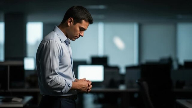 Stressed young businessman standing alone in dark office late at night reflecting on career challenges and burnout