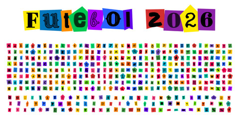 Futebol 2026, alfabeto estilo carta de resgate com letras recortadas de revistas para design grafico esportivo e colagens criativas © velikiyzayats