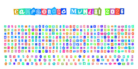Campeonato Mundial 2026, alfabeto estilo carta de resgate, letras e numeros recortados para design grafico e colagens criativas