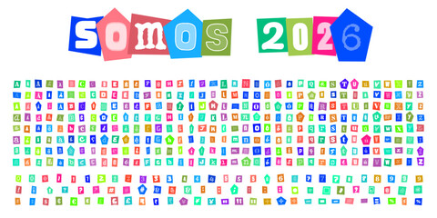 SOMOS 2026 alfabeto estilo carta de resgate com letras e numeros recortados para design grafico criativo e composicao de mensagens © velikiyzayats