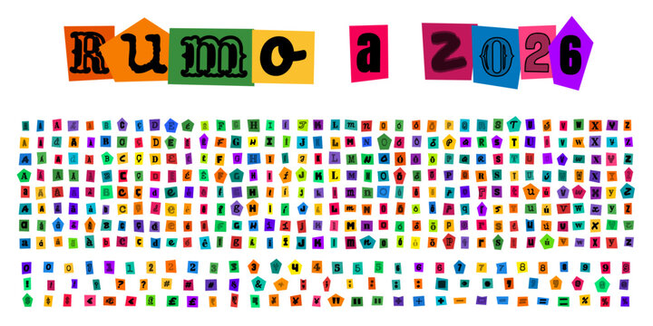 Rumo a 2026, alfabeto estilo carta de resgate com letras recortadas de revista para design criativo, colagem tipografica e projetos graficos