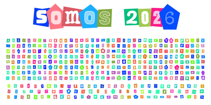 SOMOS 2026 alfabeto estilo carta de resgate com letras e numeros recortados para design grafico criativo e composicao de mensagens