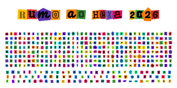 Rumo ao hexa 2026, alfabeto estilo carta de resgate, letras recortadas de revista, tipografia criativa para design grafico e colagens