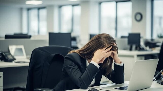 Stressed young businesswoman suffering from burnout at office desk, exhausted female employee feeling overwhelmed by work pressure