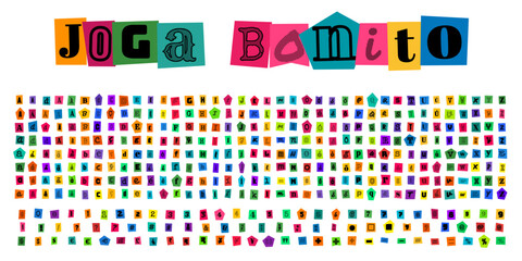 JOGA BONITO alfabeto estilo carta de resgate com letras e numeros recortados de revistas para design criativo e tipografia urbana © velikiyzayats