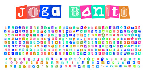 Joga Bonito alfabeto estilo carta de resgate com letras recortadas de revista para design criativo e tipografia personalizada © velikiyzayats