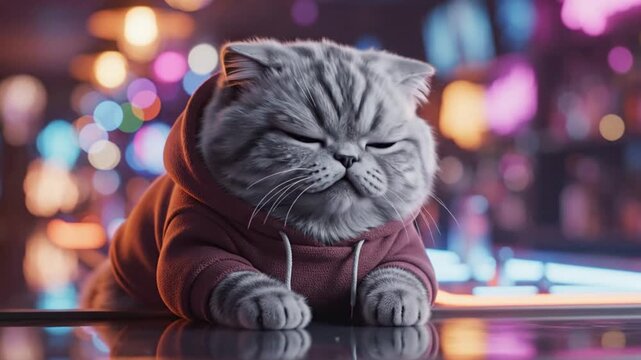 Playful meme style 3D silver fluffy cat character wearing a cozy oversized hoodie sitting in front of a sophisticated neon bar table like a sleepy gangster funny expressive face cinematic close up sho