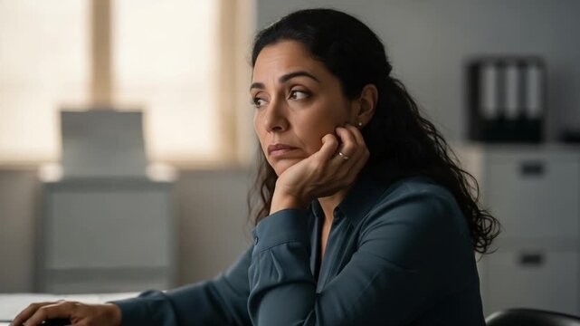 Middle Aged Woman Feeling Bored and Tired at Office Desk During Workday