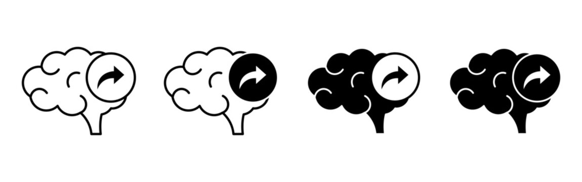 Four brain icons featuring curved arrows on a white background