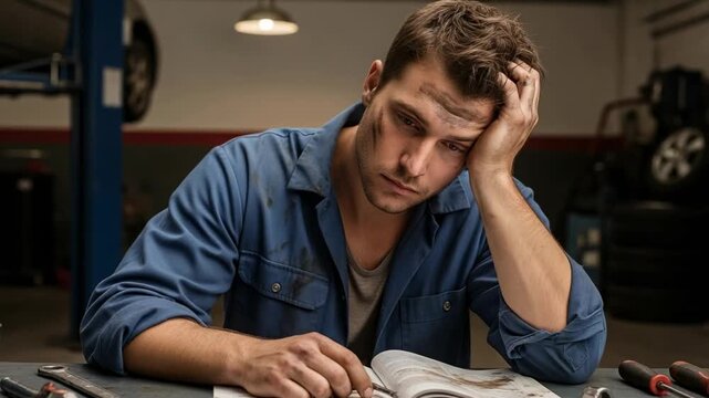 Stressed young Caucasian male mechanic reading repair manual in auto garage workshop