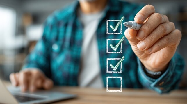 Close-up of hand checking boxes on a digital planning screen.