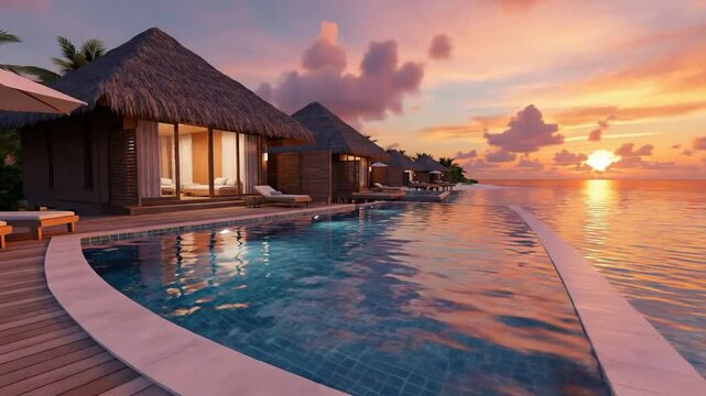 Luxury overwater bungalow resort with infinity pool at sunset, tropical maldives vacation paradise travel