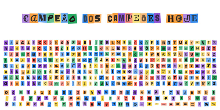 Campeao dos campeoes hoje, letras estilo carta de resgate, alfabeto recortado de revistas, tipografia colorida para design criativo