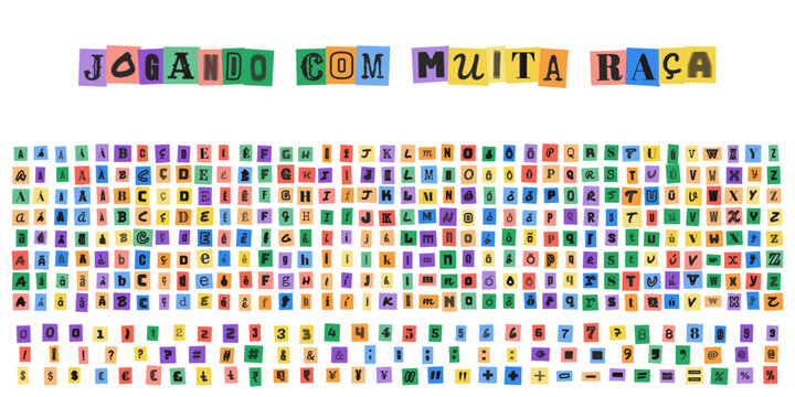 Jogando com muita raca, alfabeto estilo carta de resgate, letras e numeros coloridos recortados de revistas para design criativo e colagens