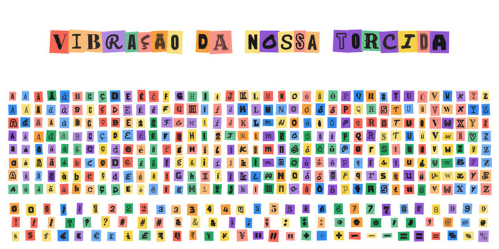 Vibracao da nossa torcida, alfabeto estilo carta de sequestro, letras recortadas de revista, tipografia criativa para design grafico